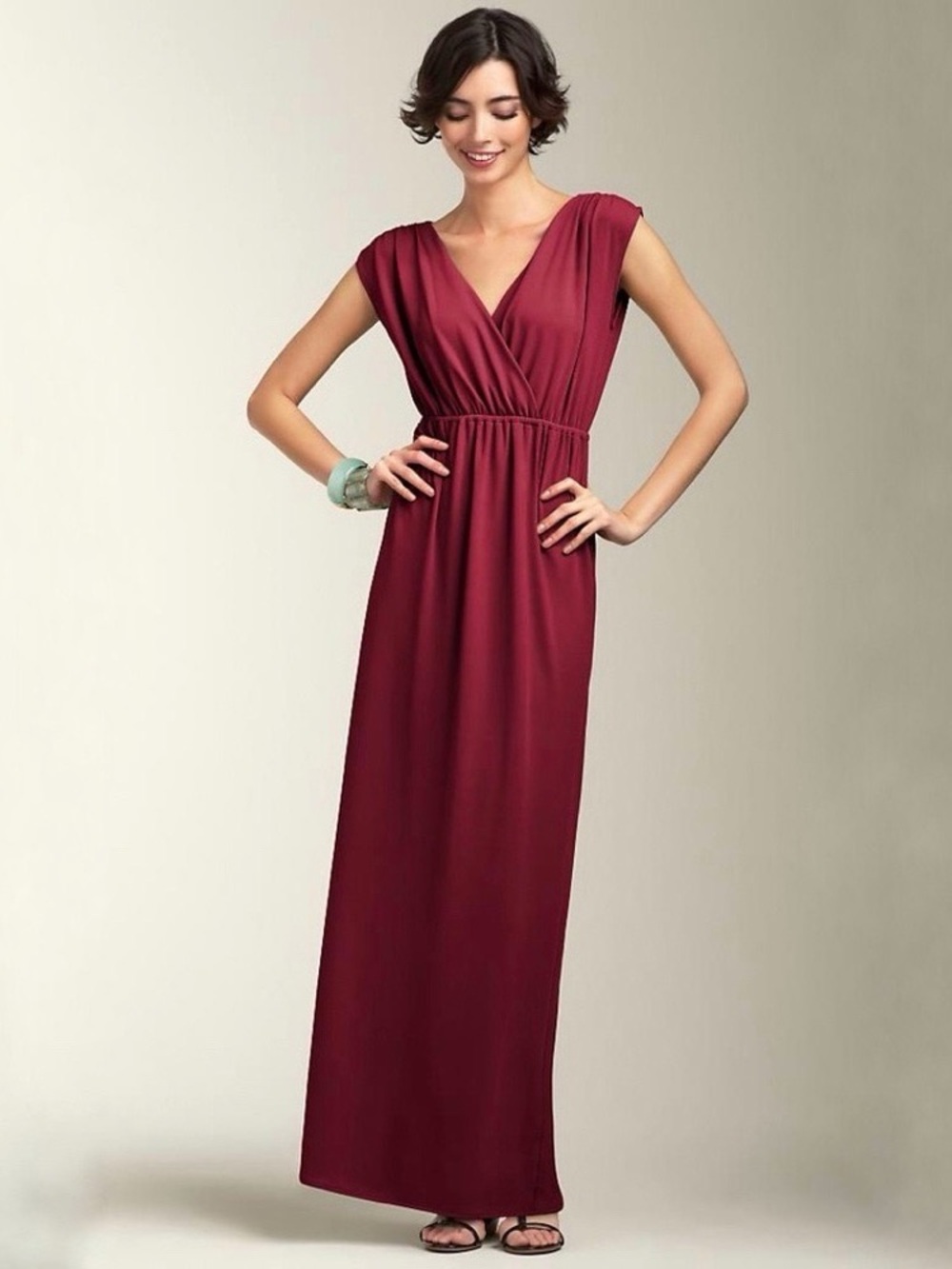 Talbots Matte Jersey Cap-Sleeve V-Neck Maxi Dress in Wine Size Medium Petite